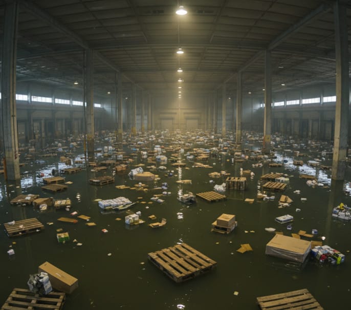 huge flooded warehouse