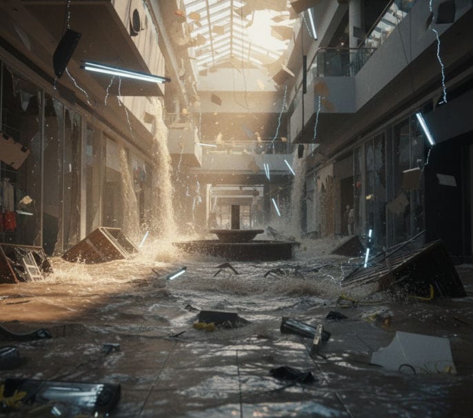 Close-up of a city mall with water damage