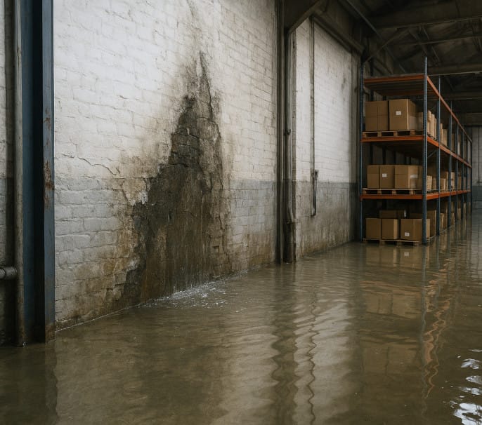 AI generated image of a flooded warehouse