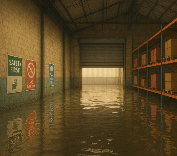 AI generated image of a flooded warehouse