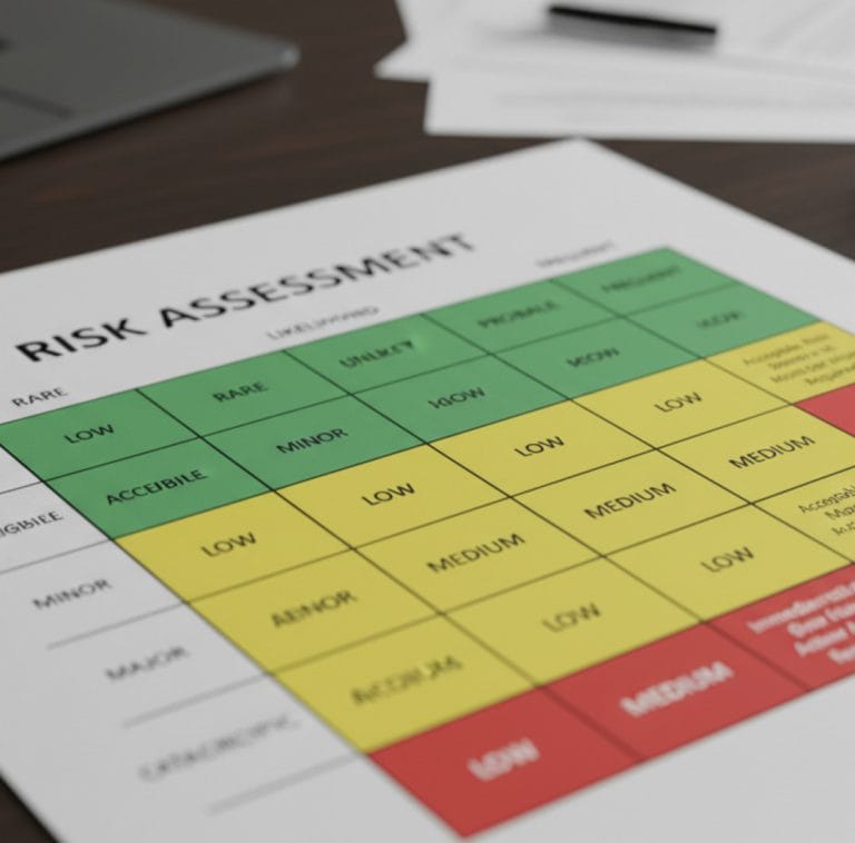printed risk assessment matrix with more than 3 rows and cells on a desk