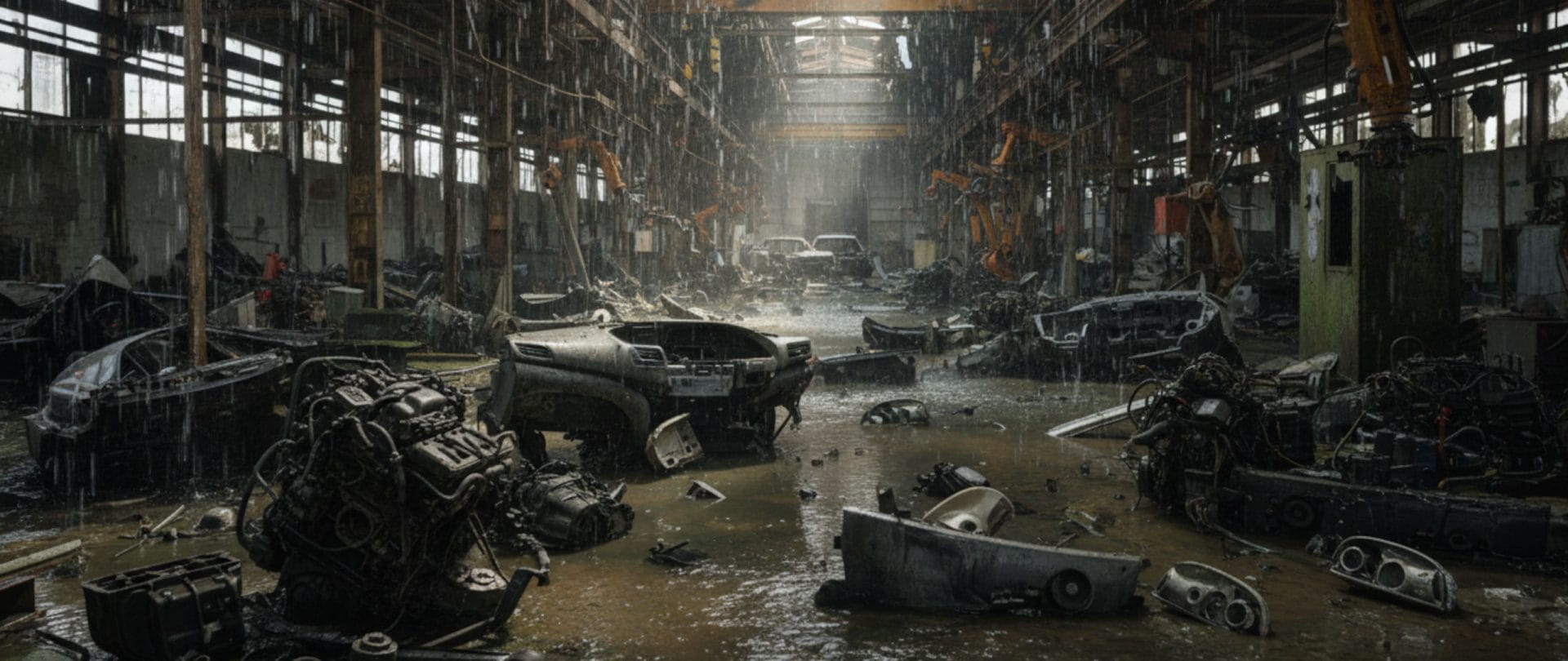 car production factory with a water damage and destroyed