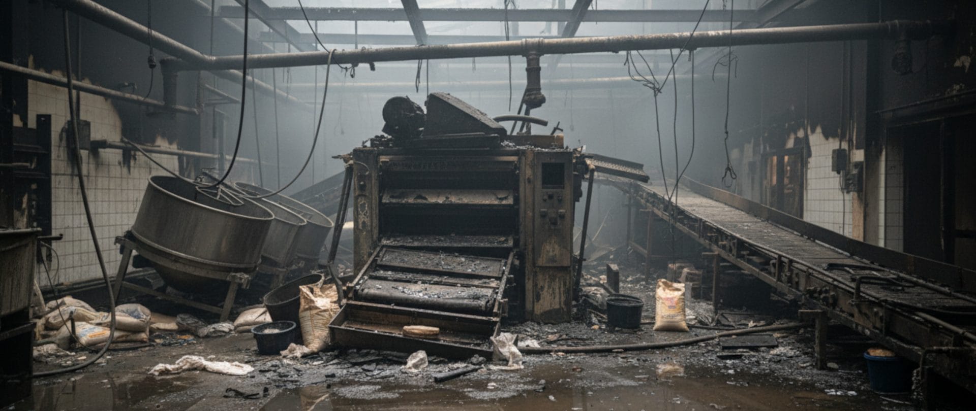 close view of a food bakery production with a fire damage