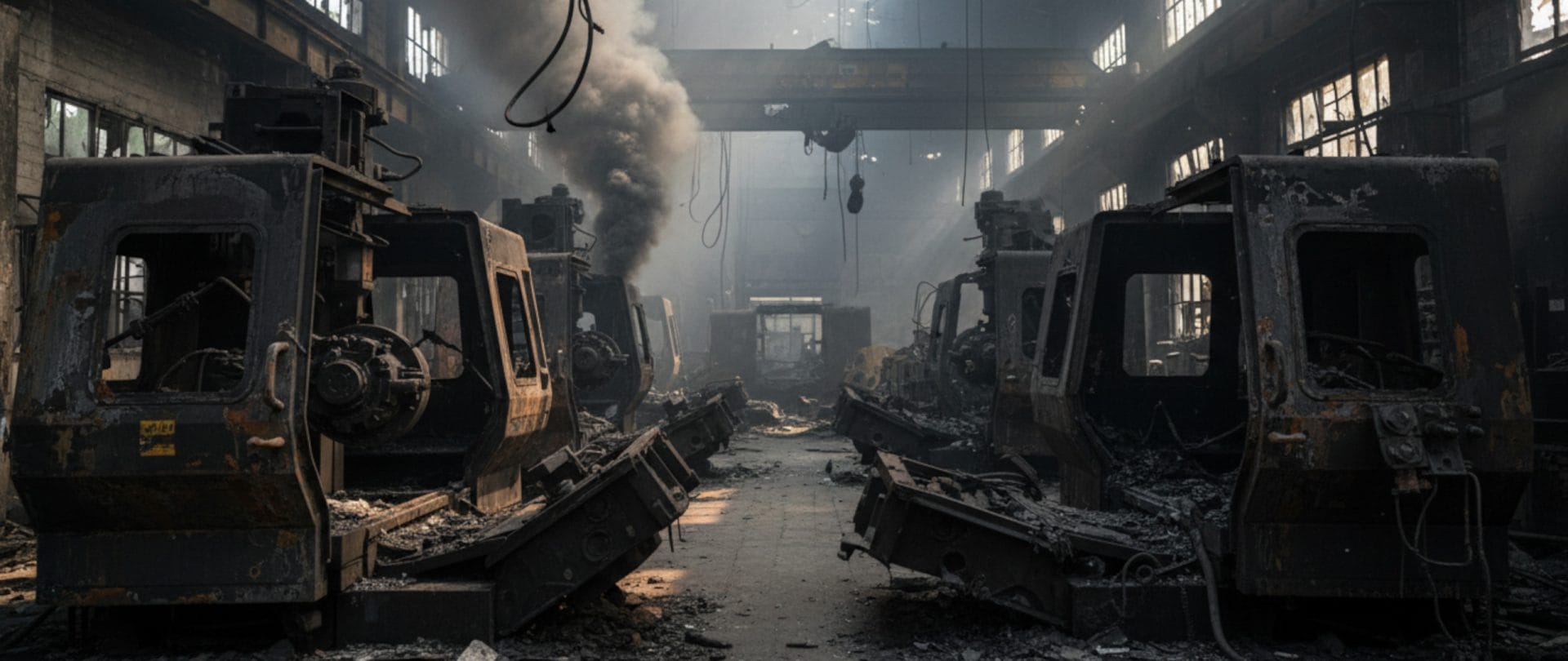 close view of a machinery factory with a fire damage