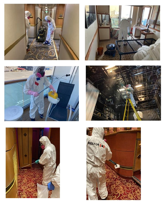 BELFOR workers disinfecting ship interior