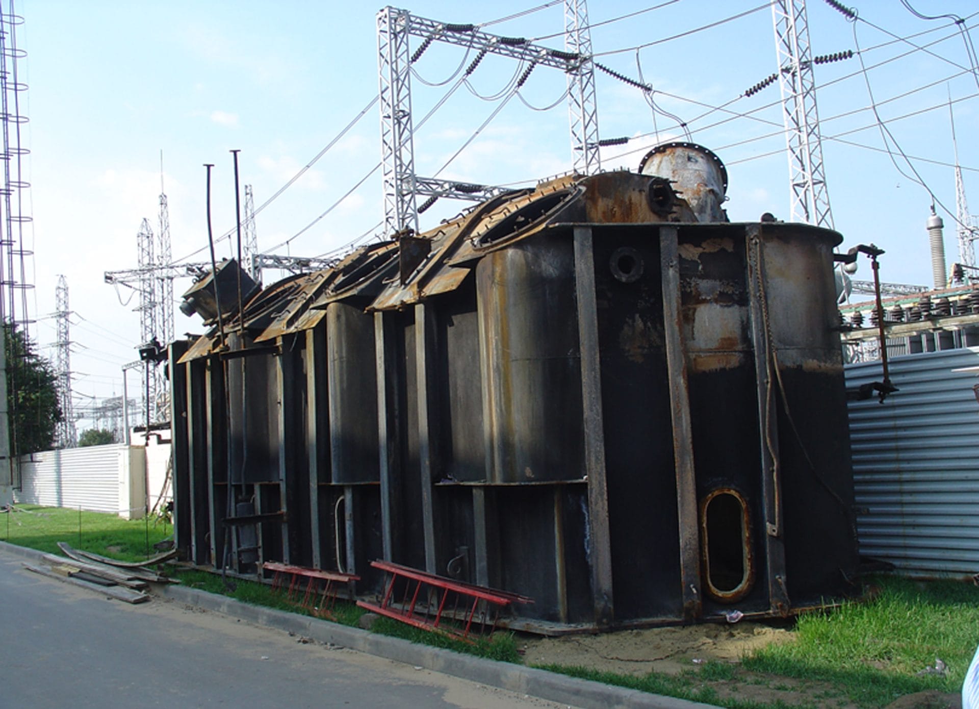 Totally burnt 110KV transformer unit.
