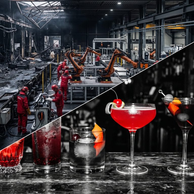 Splitscreen: above BELFOR workers in an industry hall and on the other half Cocktails on a table