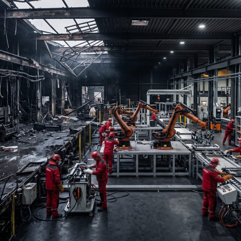 Industriehalle in der ein Schaden wieder aufgeräumt wird
